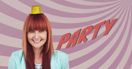 Image of party text over caucasian woman with party hat