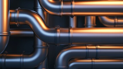 Naklejka premium A close-up of interconnected metallic pipes, showcasing their sleek design and reflective surfaces, suggesting industrial or plumbing applications.