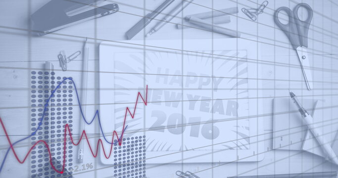 Image of graph over happy new year 2016 text on tablet screen with stationery on table - Powered by Adobe