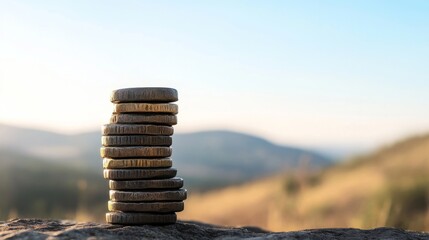 Stack of coins on a rock with mountain background.
