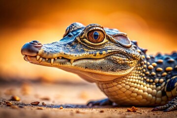 Fototapeta premium Baby Alligator Closeup: Detailed Texture & Scales on Neutral Background - Tilt-Shift Photography
