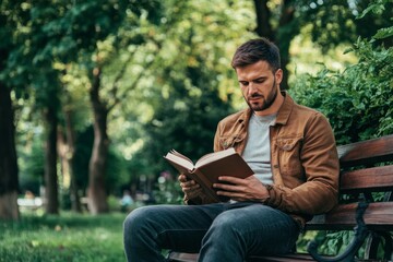 Man sitting on a park bench, half-body shot, reading a book, surrounded by green trees, peaceful holiday moment, warm and quiet atmosphere, casual clothing, photographic style