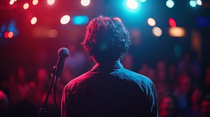 A comedian on stage, their face animated with humor as the crowd laughs