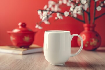 Fototapeta premium White Ceramic Mug Surrounded by Blossom Branches and Red Vase