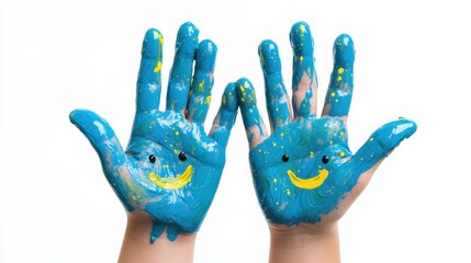 Fototapeta premium Joyful Smiley Faces: Colorful Children's Hands with Turquoise Paint Splashes on White Background