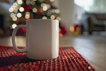 Cozy Mug on Carpet with Blurred Christmas Tree Background, Mug mockup