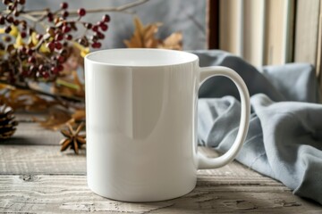 Fototapeta premium Empty White Coffee Mug on Rustic Table with Natural Background