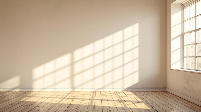 Sunlight streams through a large window into a minimalist room with beige walls and a wooden floor, casting geometric shadows.  Ideal for interior design, architecture, and minimalist aesthetics.