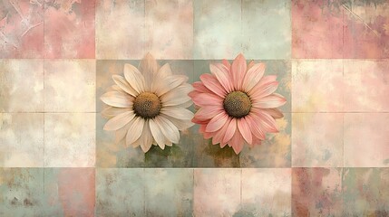 Symmetrical checkerboard design with stylized daisies, soft muted tones of pink, cream, and sage green, vintage 1950s wallpaper aesthetic, seamless and intricate floral pattern, hd quality,