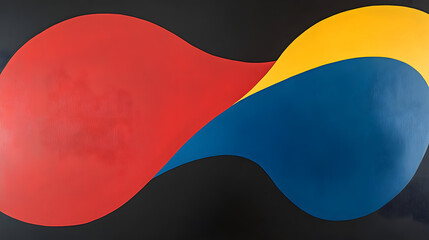 Naklejka premium A modern abstract painting with large, bold brushstrokes in red, blue, and yellow, set against a flat dark gray backdrop to enhance the vibrancy of the colors 