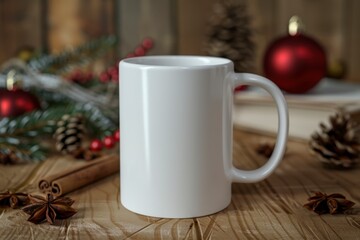 Blank White Coffee Mug on Rustic Wooden Table with Holiday Decor, Mug mockup