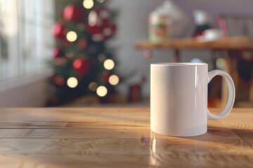 Cozy Coffee Cup in Front of Christmas Tree with Soft Bokeh Lights, Mug mockup