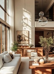 Modern Minimalist Living Room Design: Sunlight Illuminates the Interior with Glass Pendant Lights, Wooden Furniture, and Plants