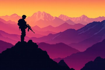 Majestic Sunset with Silhouetted Soldier Standing on Mountain Ridge Against Vibrant Colorful Landscape of Majestic Peaks and Rolling Hills
