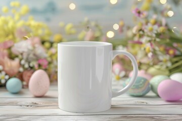 Blank White Coffee Mug Surrounded by Easter Decorations and Flowers, Mug mockup