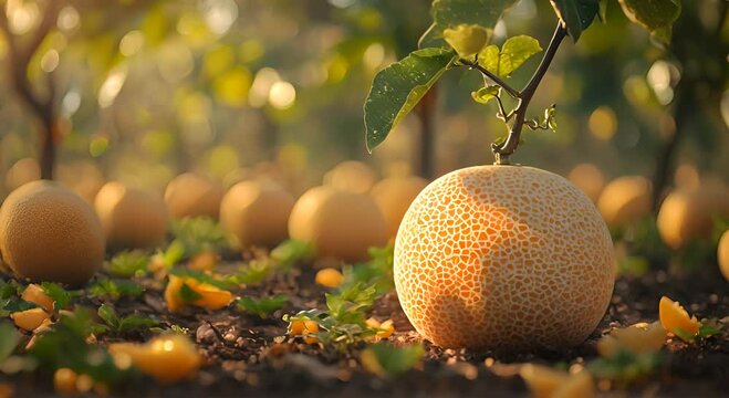 A close-up of a textured melon in a sunlit orchard, surrounded by greenery and fallen fruit.