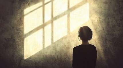 Fototapeta premium Woman Silhouette by Bright Window Light in Artistic Indoor Space