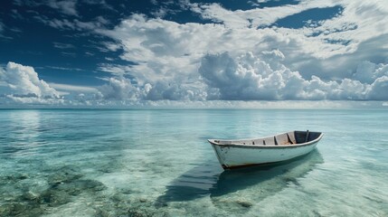 Obraz premium Tranquil Abandoned Boat on Clear Water Under Dramatic Sky