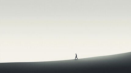 Solitary Figure Walking Across Minimalist Landscape with Soft Hues