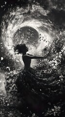 Obraz premium Surreal Woman in Cosmic Dress: A Black and White Fantasy