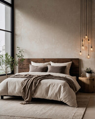 Scandinavian bedroom with neutral beige tones wooden bed modern chair and earthy furniture for a cozy atmosphere Interior Design Inspiration
