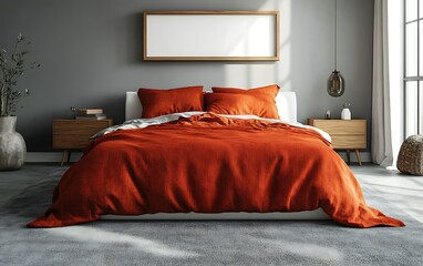 Modern bedroom interior design, sunlight, orange bedding, minimalist decor, home staging