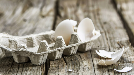 Empty egg carton on rustic wooden table with cracked eggshell, symbolizing food scarcity and supply chain challenges in modern agriculture and economy.
