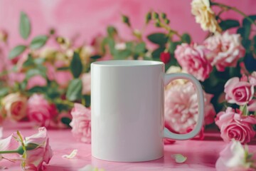 Blank White Mug Surrounded by Fresh Pink Roses on Soft Background