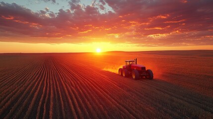 Fototapeta premium Majestic Sunset Over Agricultural Field with Tractor in Motion, Capturing the Beauty of Rural Landscape and Farming at Twilight