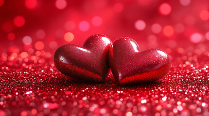 Two shimmering red hearts nestle together on a sparkling red background with a soft, romantic bokeh effect. Ideal for Valentine's Day, love, and affectionate themes.