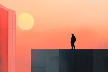 A silhouette of a man standing at the rooftop of a skyscraper, contemplating the future as he looks out over the horizon.