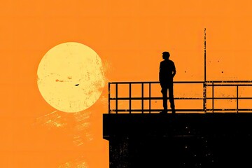 Fototapeta premium A silhouette of a man standing at the rooftop of a skyscraper, contemplating the future as he looks out over the horizon.