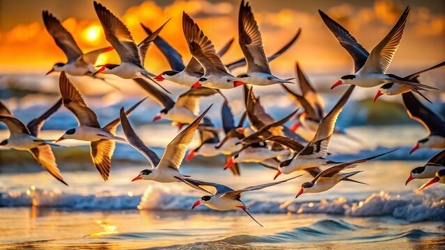 Black Skimmer Birds in Flight over Amelia Island Beach, Florida