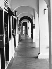 Singapore five-foot ways seen as perspective in black and white