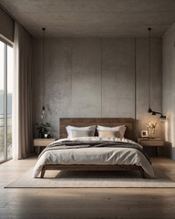 Warm Scandinavian bedroom with beige tones earthy wood furniture bed chair and minimalist design Interior Design Inspiration