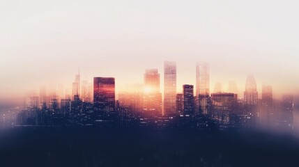 Fototapeta premium Vibrant City Skyline at Dusk with Soft Glow and Misty Atmosphere Creating a Dreamlike Urban Landscape in Gentle Hues of Orange and Blue
