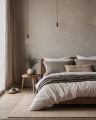 Warm Scandinavian bedroom with soft beige tones wooden bed and chair and stylish earth tone furniture pieces Interior Design Inspiration