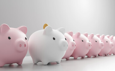 Successful savings money concept design of white piggy bank with gold coin are different from pink piggy bank 3D render