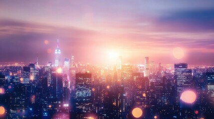 Stunning Aerial View of a Vibrant City Skyline at Sunset with Glittering Lights and Warm Colors Illuminating Iconic Skyscrapers and Landmarks