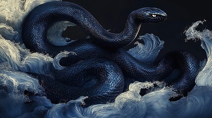 Fototapeta premium A coiled snake silhouette in matte black set against flowing Japanese Seigaiha waves in pastel blues and silvers, illuminated by a subtle glow, minimalist and serene, hd quality. --ar 16:9