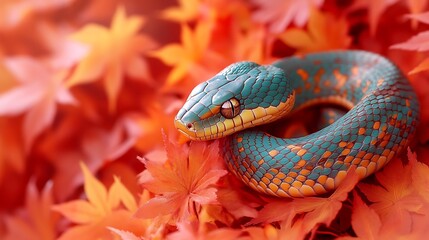 Obraz premium A coiled snake with emerald and gold accents resting amidst a cascade of red and orange Japanese maple leaves, dynamic swirling motion captured in soft light,