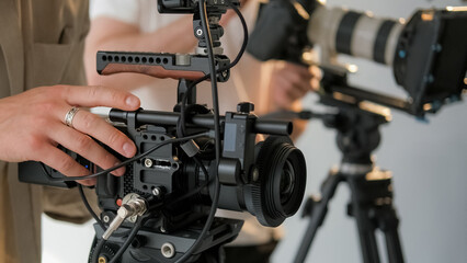 Video camera. Professional filming. Content production unrecognizable backstage studio. Media team working with shooting equipment.