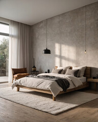 Obraz premium Cozy and serene Scandinavian bedroom in beige tones with wooden bed modern chair and functional furniture accents Interior Design Inspiration
