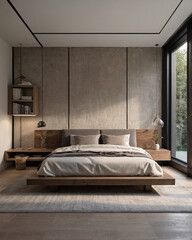Cozy Scandinavian bedroom in neutral beige tones with wooden furniture bed and stylish chair for a relaxing atmosphere Interior Design Inspiration
