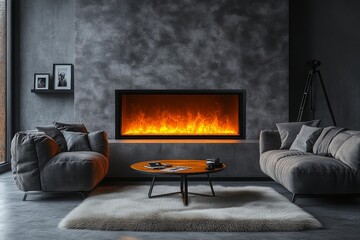 Modern Electric Fireplace with Grey Patterned Wallpaper and Light Concrete Floor in Naturally Lit Living Room