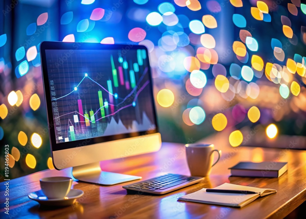 Poster bokeh lights on a tech finance digital marketing workspace database