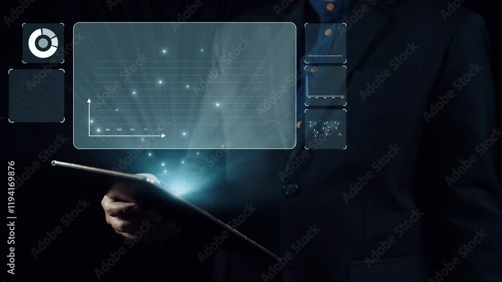 Poster business person delve into data analytics to uncover trends and insights from predictive big data mo