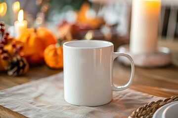 Empty White Coffee Mug on a Rustic Table with Autumn Decor, Mug mockup