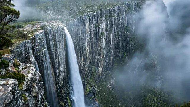 Waterfall cascades dramatically from high cliff of Mount Ow surrounded by mist and nature's beauty, Amazing waterfall falls from high cliff of mount Owen Tasmania nature