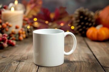 Blank White Coffee Mug Surrounded by Autumn Decor and Warm Lights, Mug mockup